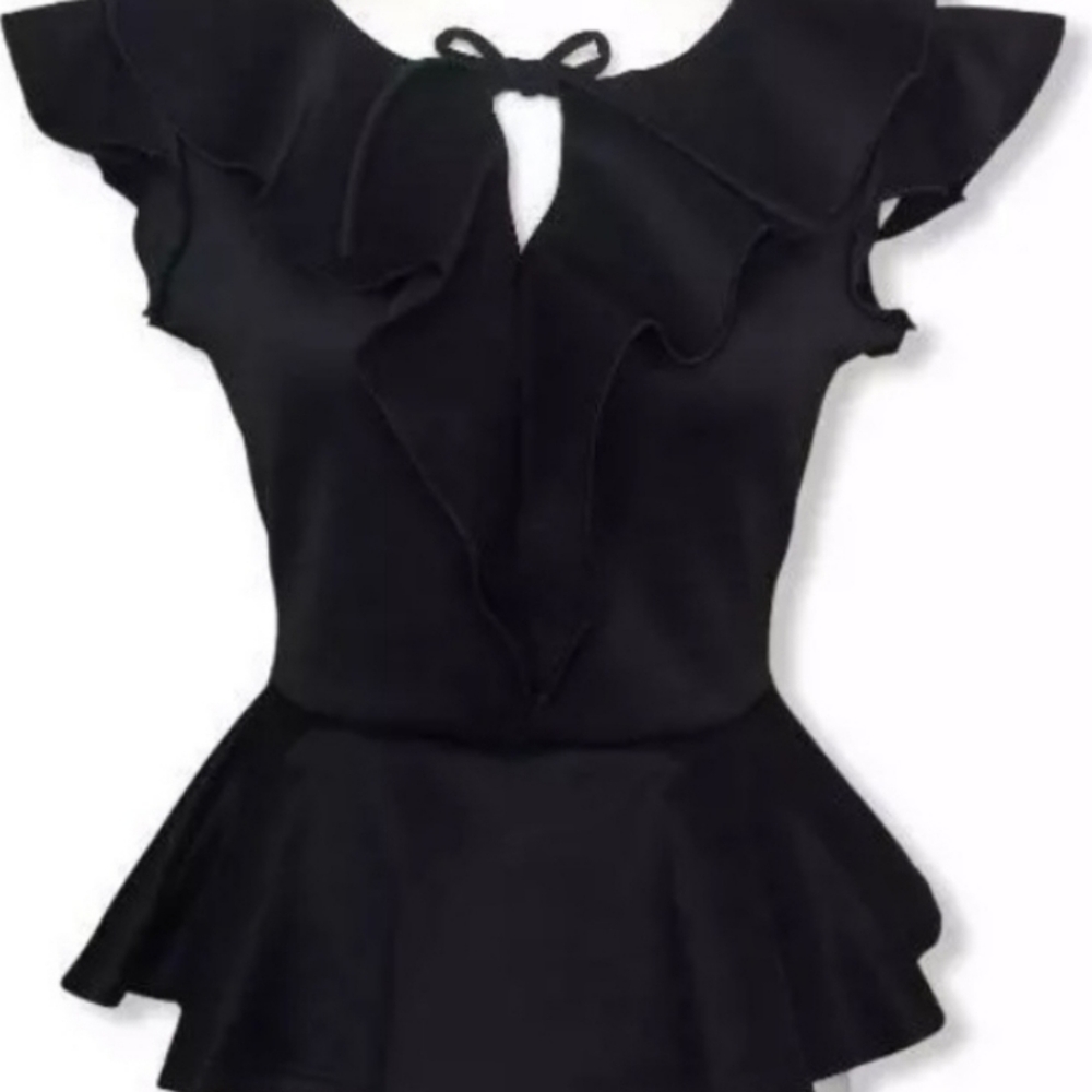 Black Front Ruffle Peplum Top, M
